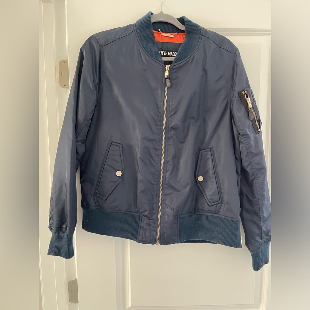 Steve Madden Navy blue nylon bomber jacket.